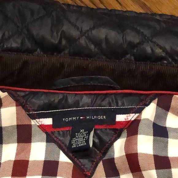 TOMMY HILFIGER Navy Quilted Jacket with Brown Corduroy Collar & Cuffs Sz XL - Picture 9 of 12